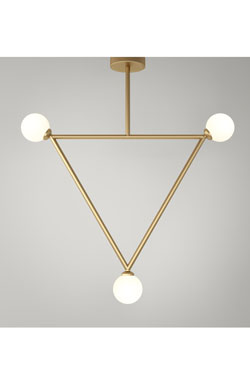 Suspension 3 lumières contemporaine en triangle doré. Atelier Areti. 