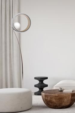 Okio floor lamp foot arc chrome and triplex metallic glass. Concept Verre. 