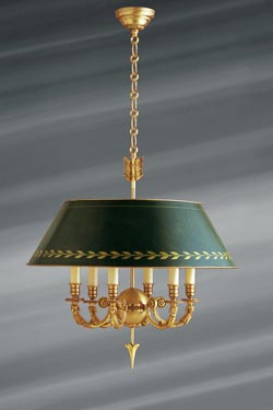 Directoire gold-tone bright gold and bronze green chandelier, solid bronze, six candles. Lucien Gau. 