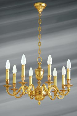 Louis XVI style chandelier, gilded bronze, eight lights, leaves and pearls. Lucien Gau. 
