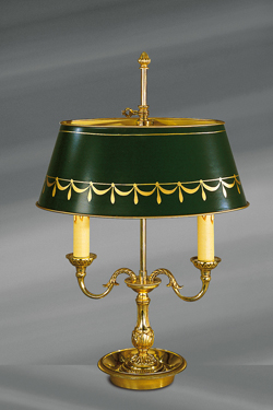 Solid bronze lamp Louis XVI style, two lights, with oval lampshade painted in green. Lucien Gau. 