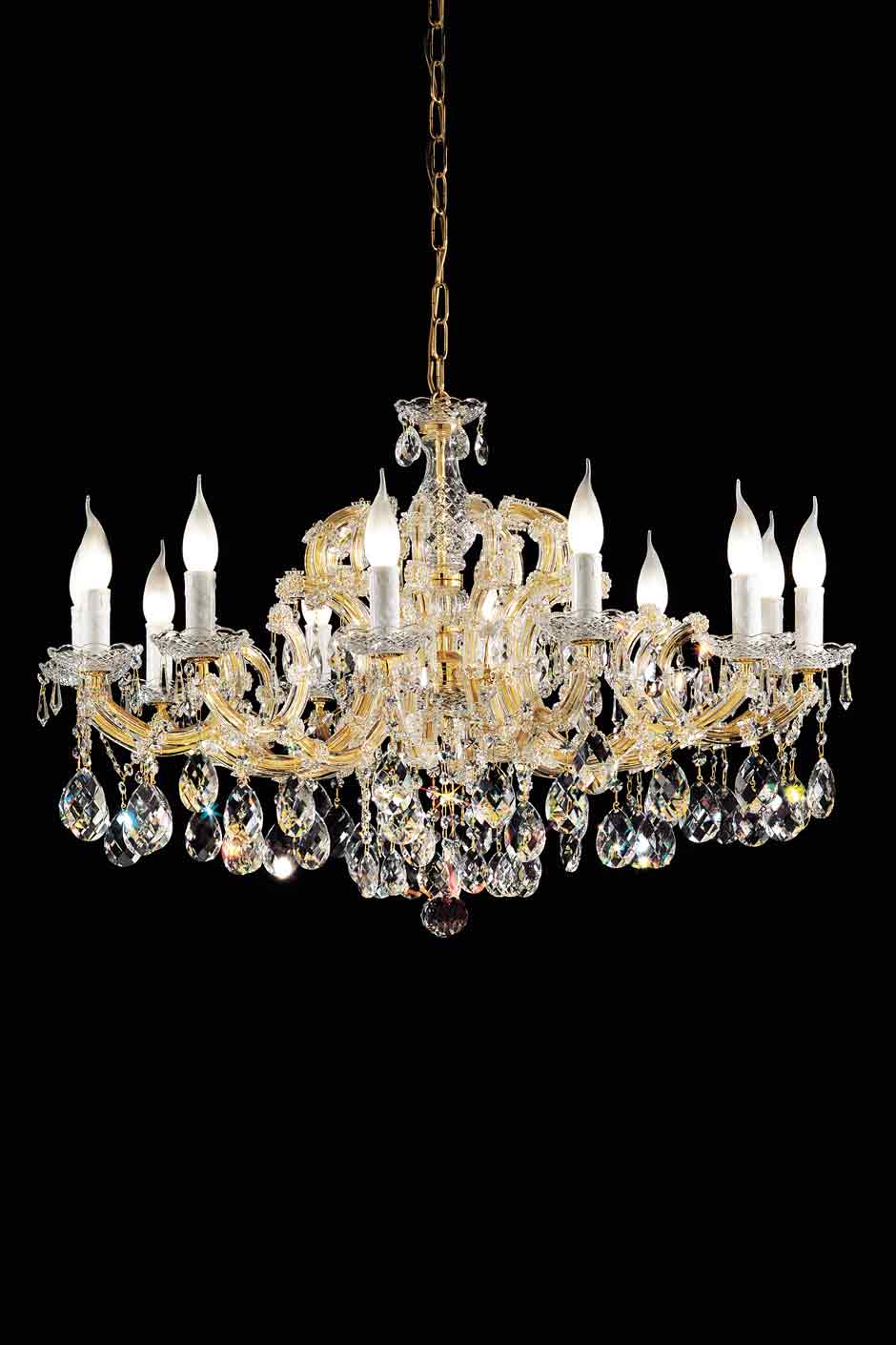 12 Light Gold Plated Metal Crystal Chandelier With Drop 12 Light Gold Plated Metal Crystal Chandelier With Drop Embellished Chain