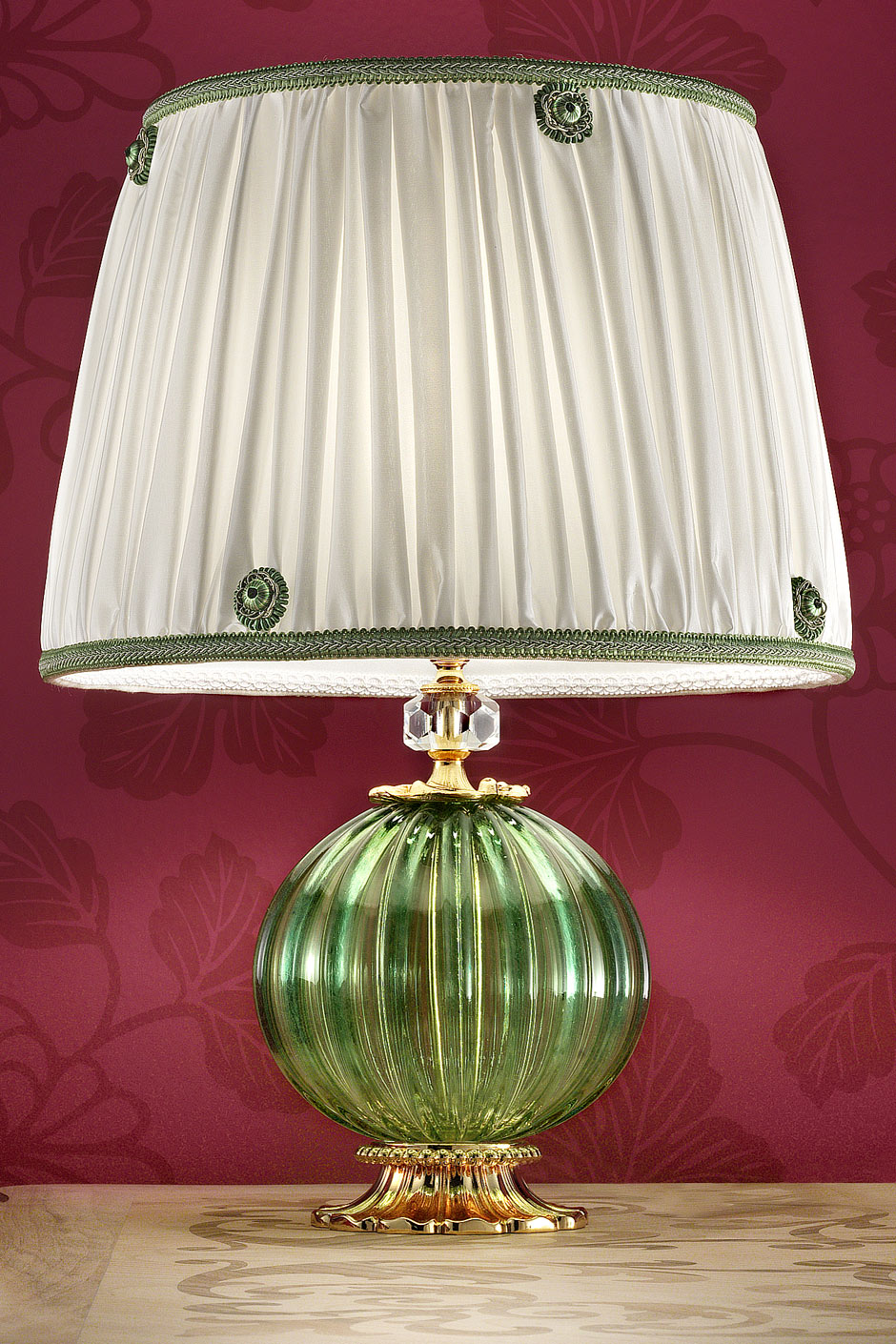 Green Murano glass table lamp with green silk taffeta shade Masiero