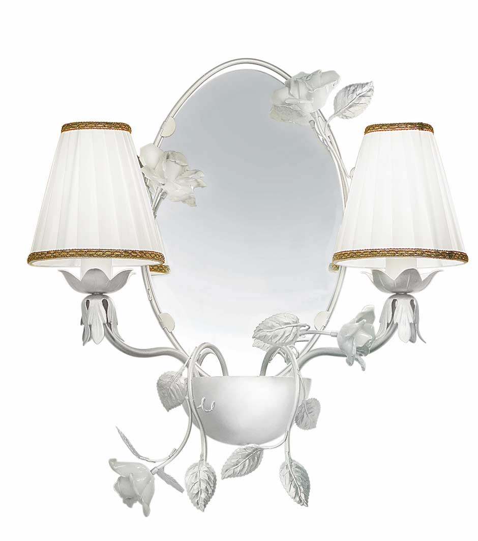 White metal mirror wall light with ceramic flowers and white silk shades Masiero Murano and ...