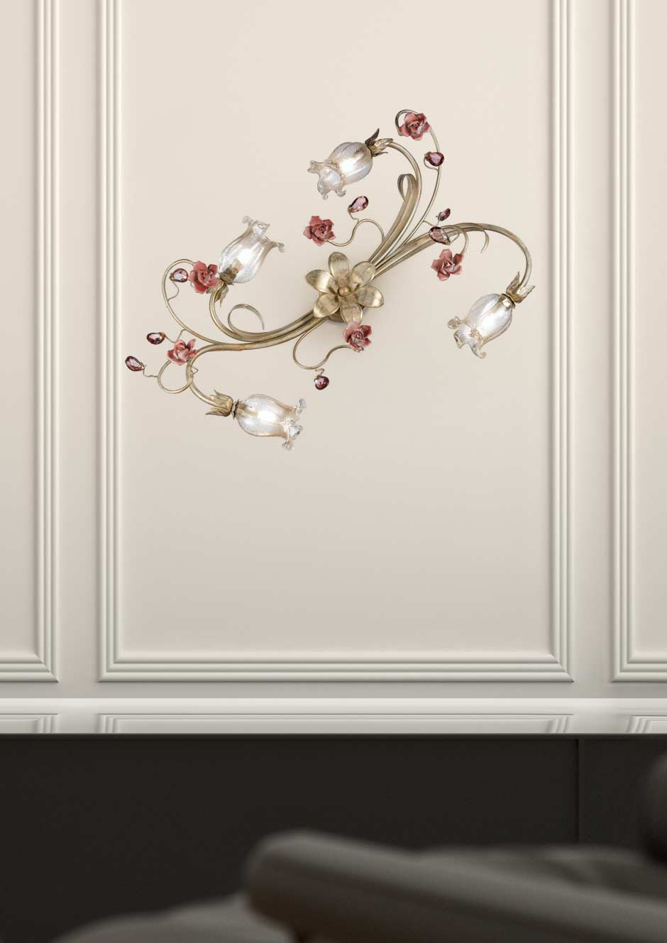 Cream and gold 4-light wall light with crystal and white glass flowers Masiero Murano and ...