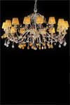 Lustre 16 lumières cuir or et cuivre abat-jour jaune doré pampilles cristal. Masiero. Lustre 16 lumières cuir or et cuivre abat-jour jaune doré pampilles cristal. Masiero.