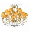 Lustre doré cristal 16 abat-jour soie ambre. Masiero. Lustre doré cristal 16 abat-jour soie ambre. Masiero.