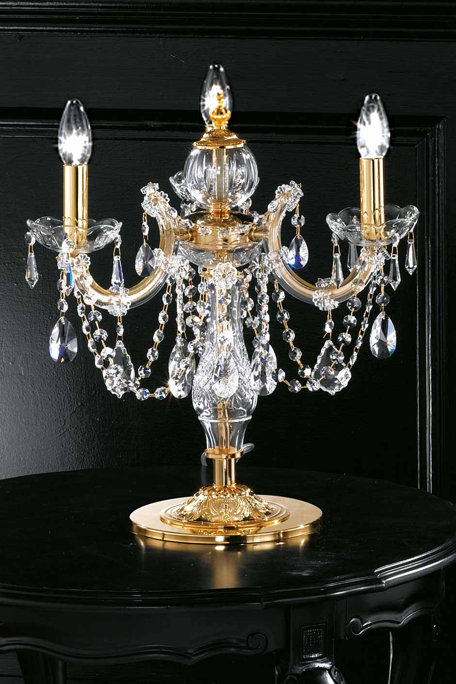 Crystal and gold-plated-metal 3-light candelabra table lamp | Masiero ...