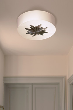 Round ceiling lamp and patinated black bronze rosette. Objet insolite. 