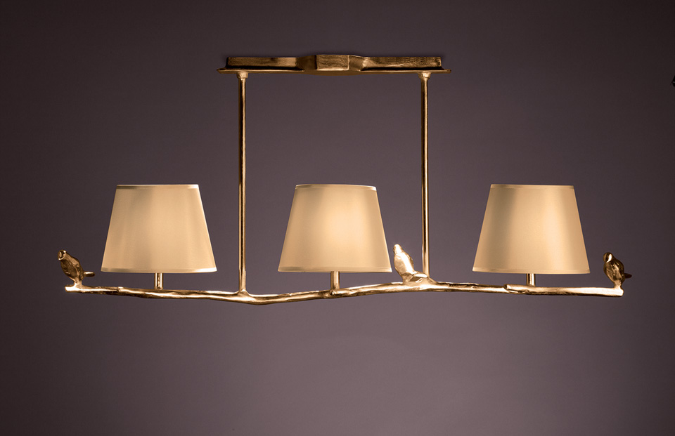 Triple Birds On The Branch Pendant In Gilded Bronze And Coordinated Triple Birds On The Branch Pendant In Gilded Bronze And Coordinated Shades Objet Insolite