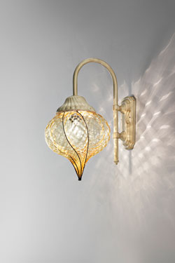 Goccia amber blown glass drop outdoor wall lamp. Siru. 