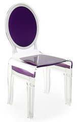Chaise altuglas design baroque médaillon Sixteen motif violette. Acrila. Chaise altuglas design baroque médaillon Sixteen motif violette. Acrila.