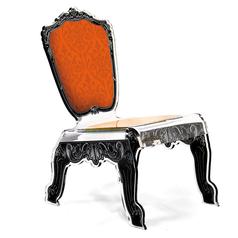 Chaise Baroque design plexiglas forme relax motif orange. Acrila. 