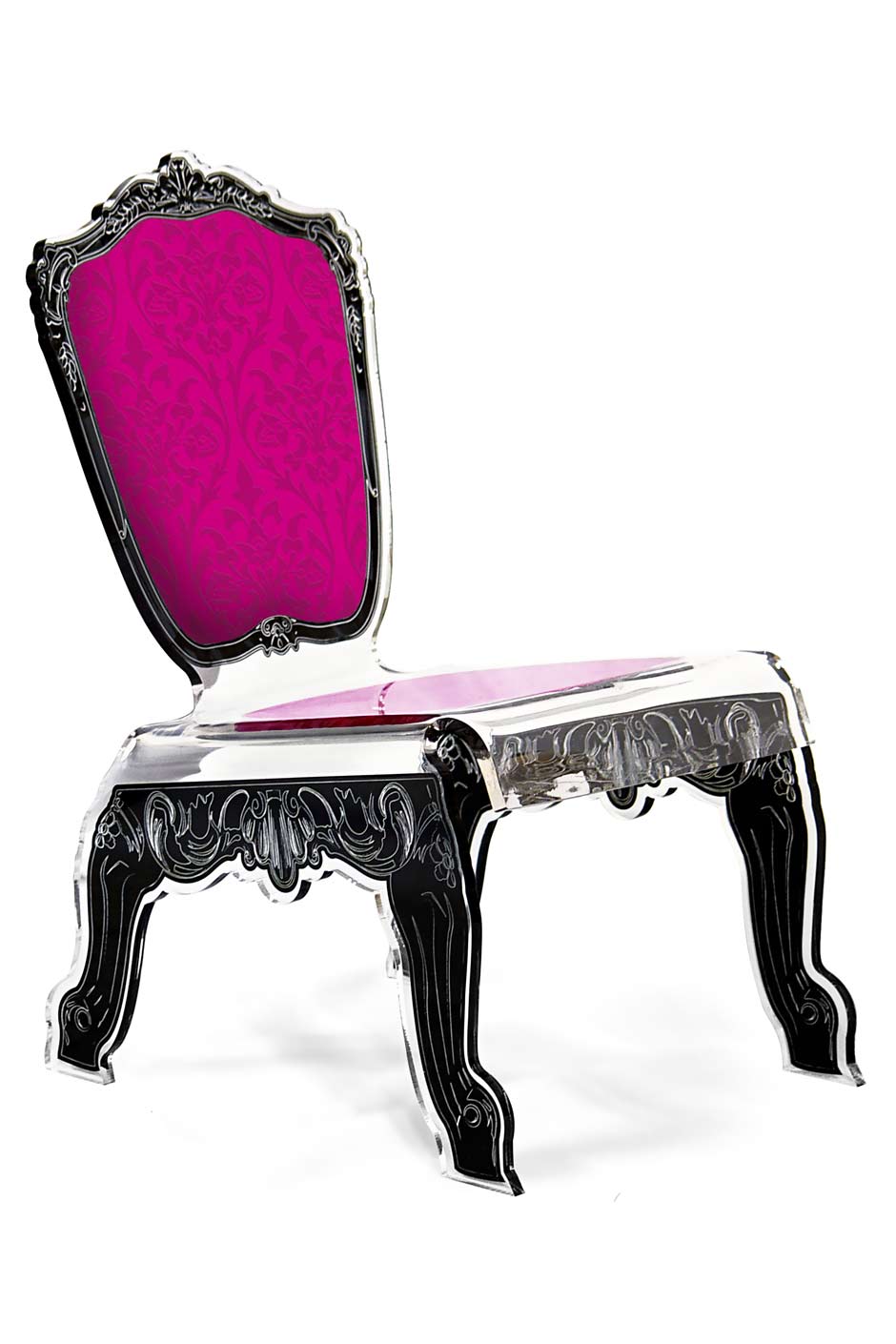 Chaise design Baroque acrylique verre forme relax motif rose fuchsia. Acrila. 
