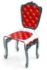Chaise design plexiglas Capiton motif baroque rouge. Acrila. 