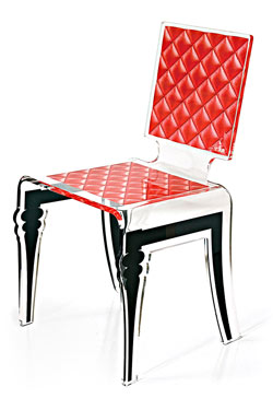 Chaise en plexiglas design baroque Diam motif capitonné rouge. Acrila. 