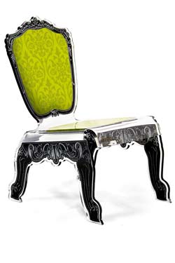 Chaise en plexiglas design forme relax motif vert anis. Acrila. 