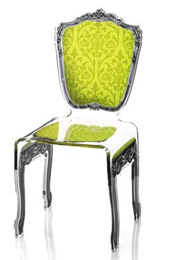 Chaise en plexiglas baroque motif vert anis. Acrila. 