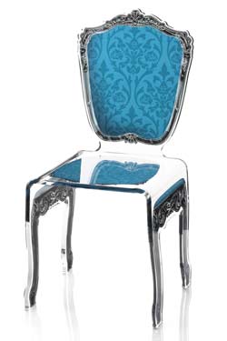 Chaise plexiglas baroque motif bleu. Acrila. 