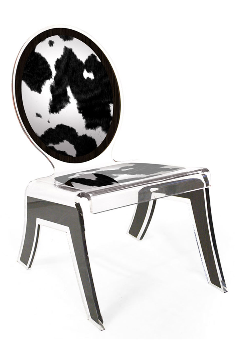 Chaise plexiglas médaillon forme relax peau de vache . Acrila. 