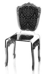 Chaise plexiglas transparent baroque motif noir. Acrila. Chaise plexiglas transparent baroque motif noir. Acrila.