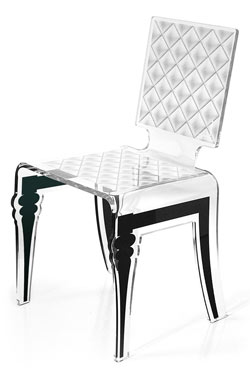 Chaise plexiglass design baroque Diam motif blanc. Acrila. 