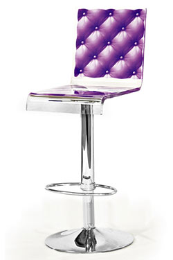 Tabouret design plexiglas baroque motif violet tissu capitonné. Acrila. 