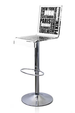 Tabouret haut avec dossier City motif écritures noires. Acrila. 