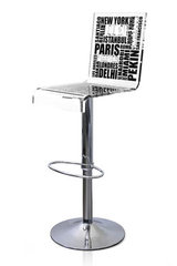 Tabouret haut avec dossier City motif écritures noires. Acrila. Tabouret haut avec dossier City motif écritures noires. Acrila.