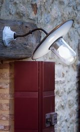 Patina brass and porcelain outdoor wall light with clear glass. Aldo Bernardi. Patina brass and porcelain outdoor wall light with clear glass. Aldo Bernardi.