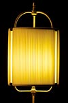 Round floor lamp in beige silk and dark patinated brass cylinder lampshade. Aldo Bernardi. 