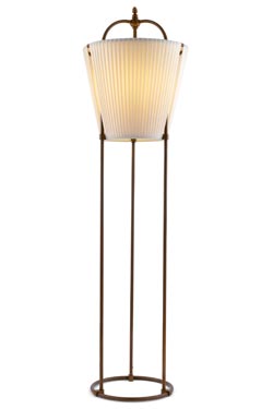 Truncated cone floor lamp in beige silk with dark brown patina. Aldo Bernardi. 