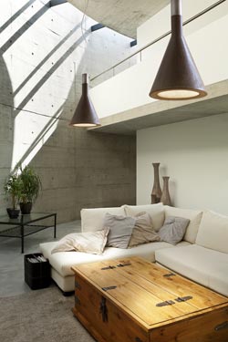 Dark brown cone waxed concrete pendant lamp Funnel. Aldo Bernardi. 