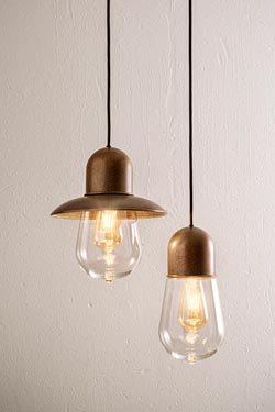 Antique brass Guinguette pendant light with collar. Aldo Bernardi. 