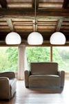 Farmacia triple pendant lamp in aged brass and shiny white opal glass. Aldo Bernardi. 