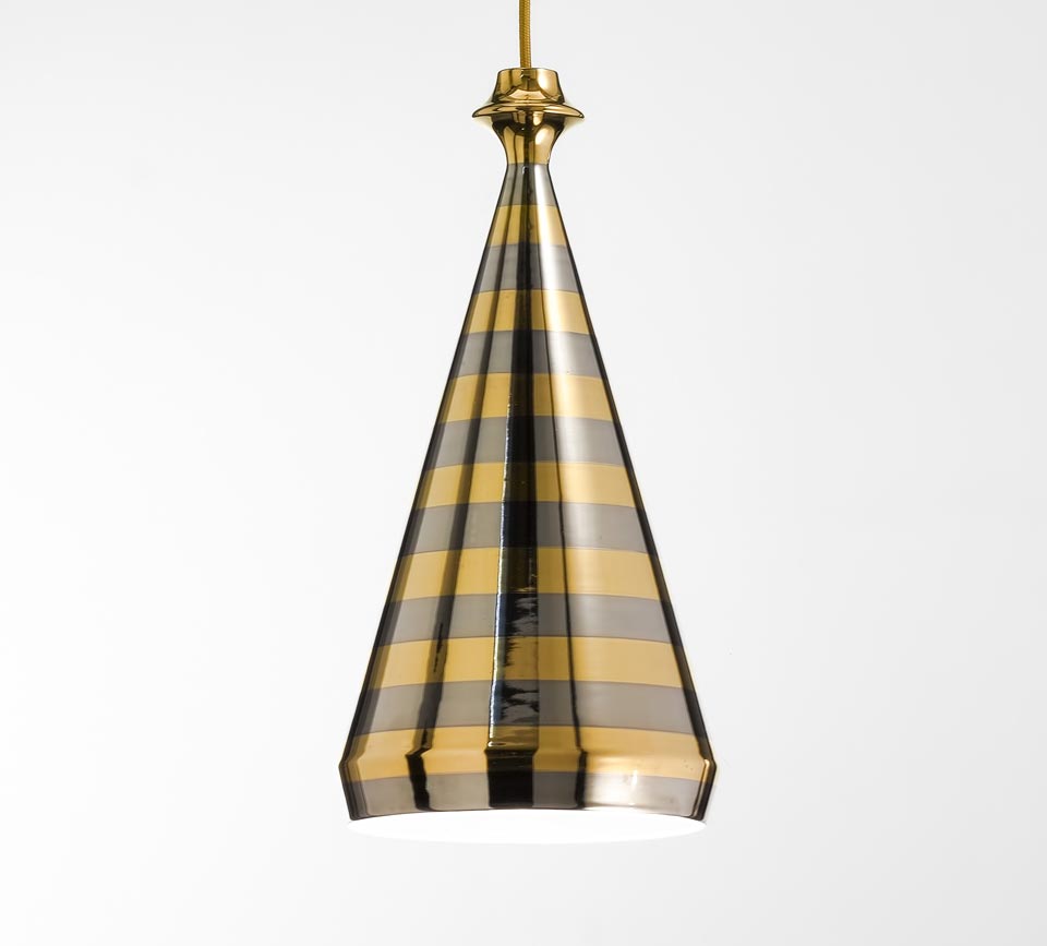 Hanging lamp in gold stripes and shiny platinum. Aldo Bernardi. 