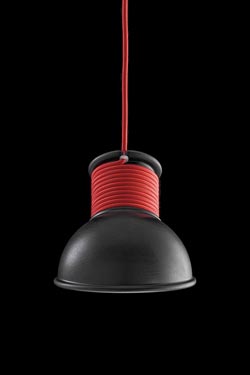 Matt black ceramic pendant lamp with red cable. Aldo Bernardi. 