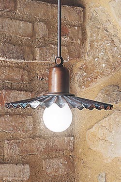 Pendant on rod with pleated reflector in aged brass 26cm. Aldo Bernardi. 