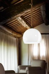 Single pendant lamp in aged brass and shiny white opal glass Farmacia. Aldo Bernardi. Single pendant lamp in aged brass and shiny white opal glass Farmacia. Aldo Bernardi.
