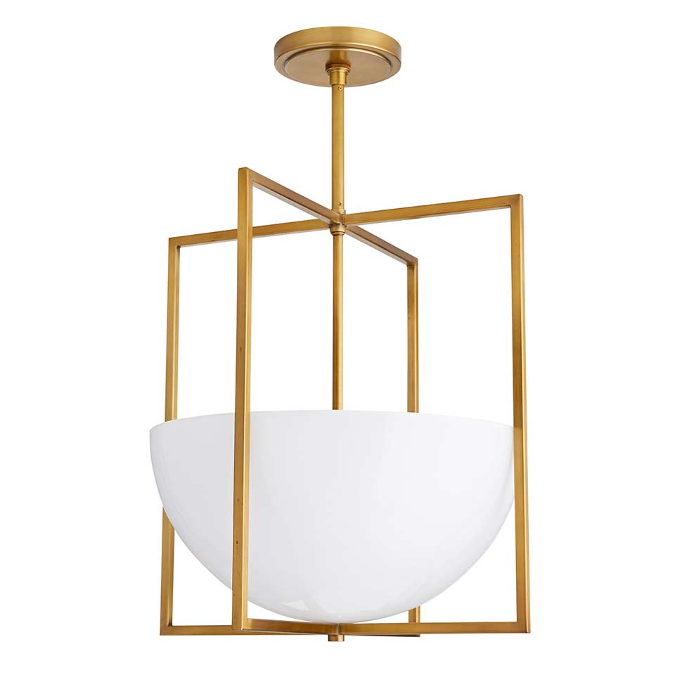 Suspension lanterne en laiton antique et verre opale Royce. Arteriors. Suspension lanterne en laiton antique et verre opale Royce. Arteriors.