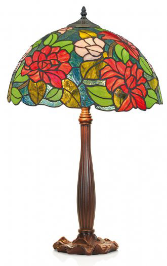 Lampe de table Tiffany fleurs rouges et pied festonné. Artistar. 