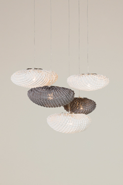 Large pendant 5 white and gray Simetech fabric lampshades Tati. Arturo Alvarez. 