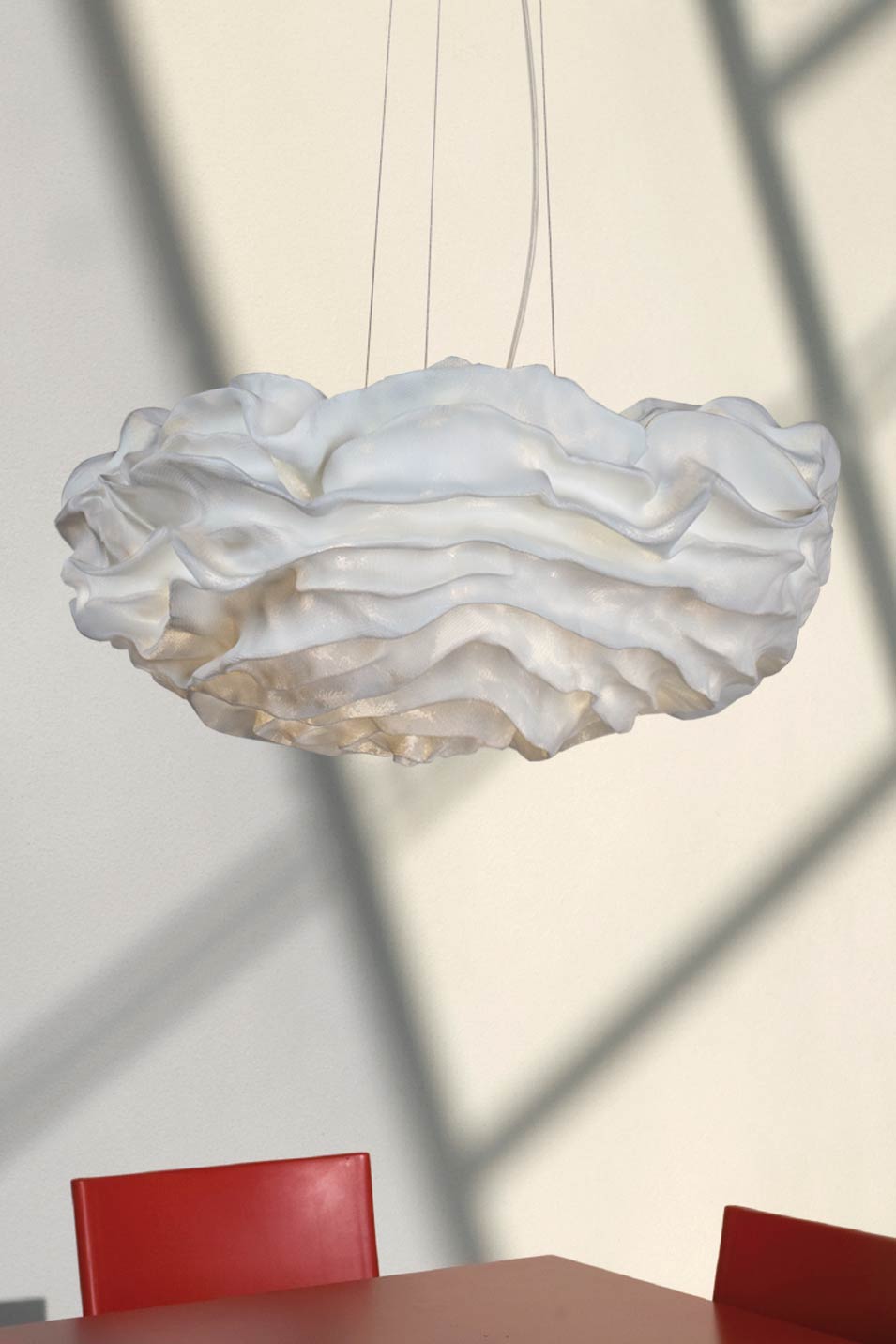 Nevo white pleated fabric flower hanging lamp. Arturo Alvarez. 