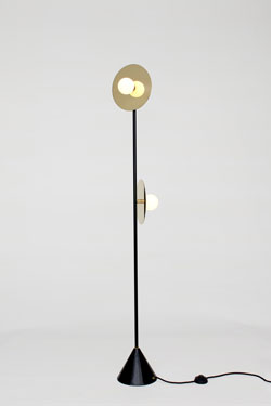 Disc and Sphere black and gold floor lamp, 2 lights white opal ball. Atelier Areti. 