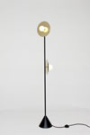 Disc and Sphere black and gold floor lamp, 2 lights white opal ball. Atelier Areti. 