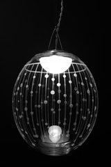 Kirshlag pendant globe in blown  engraved crystal drawing no 3 small model. Atelier Areti. 