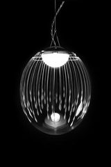Kirshlag pendant globe in blown  engraved crystal drawing no 4 small model. Atelier Areti. 