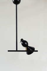 Suspension noire en métal Alouette sur sa branche. Atelier Areti. Suspension noire en métal Alouette sur sa branche. Atelier Areti.