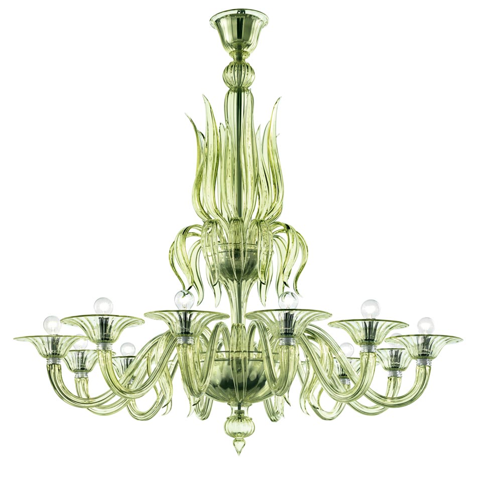 Fauve lustre Art Nouveau en cristal de Venise vert citron 12 lumières. Barovier&Toso. 
