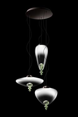 Padma contemporary pendant lamp 3 lights in white and lime green Venetian crystal. Barovier&Toso. 